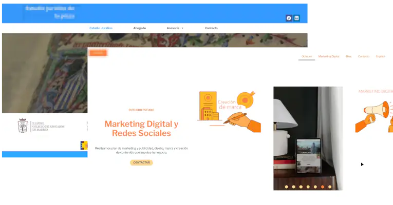 Dos capturas de la página de inicio de una web corporativa de un despacho de abogados y otra de una empresa de marketing digital.