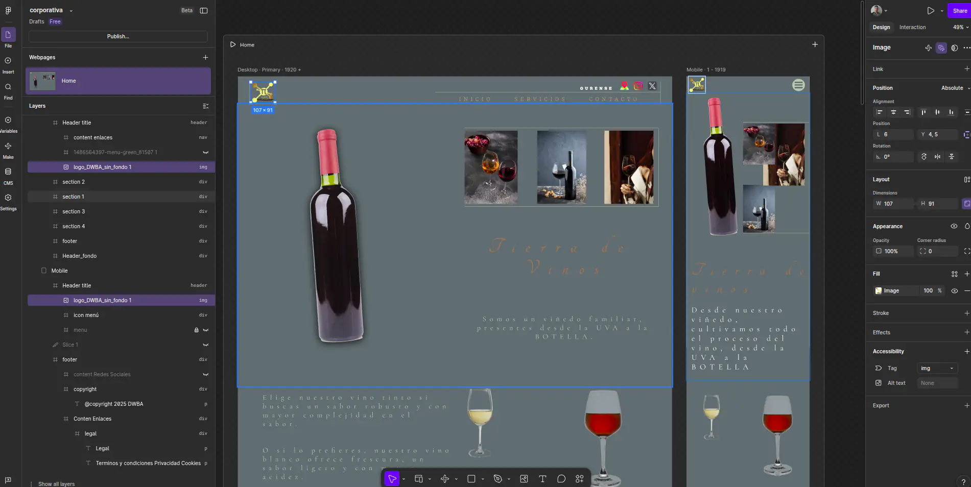 La interfaz para el diseño de páginas web, captura durante el diseño web de una página para una bodega.