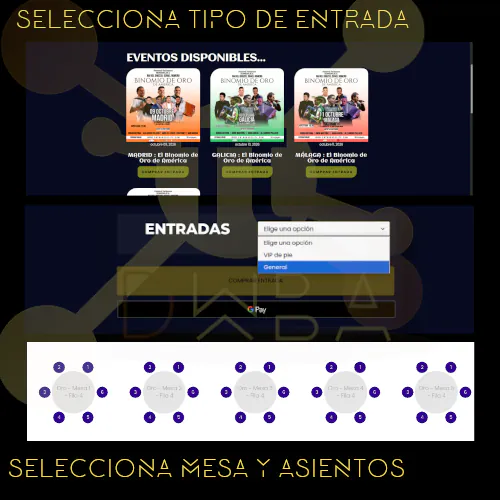 Muestra la página de producto donde se compra la entrada de un evento, tiene un campo para seleccionar el tipo de entrada y una venta con gráficos de mesas con sus asientos para seleccionar y reservar.